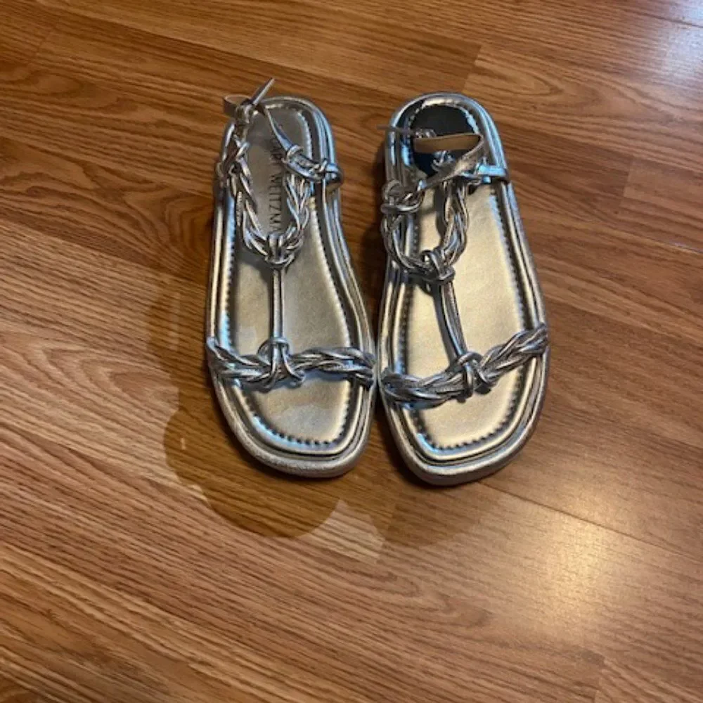 Stuart Weitzman Silver Calypso Lift Metallic Leather Platform, size 8.5